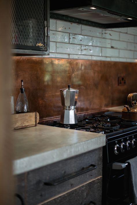 Copper Splashback Kitchen, Copper Splashback, Splashback Kitchen, Colonial Kitchen, Copper Backsplash, Bespoke Kitchen Design, Barn Kitchen, Kitchen Backsplash Designs, Bespoke Kitchen