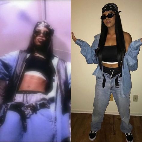 Iconic Rapper Outfits, Aliyah Outfits 2000, Early 2000s Party Theme Outfit, Beyonce Throwback Outfits, 2000 Rapper Costume, 2000s Aaliyah Fashion, 2000 Hip Hop Fashion Early 2000s, Celebrity Y2k Outfits, Aaliyah Fashion Outfits