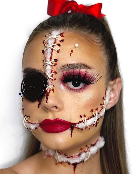 Ragdoll Makeup Halloween, Voodoo Doll Costume Makeup, Halloween Hair Tutorial, Spooky Doll Costume, Creepy Doll Halloween Makeup, Voodoo Doll Makeup Halloween, Scary Doll Makeup Halloween, Ragdoll Costume, Makeup Costume Halloween