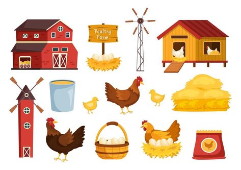 Poultry Farming with Farmer, Cage, Chicken and Egg Farm on Green Field Background View in Hand Drawn Cute Cartoon Template Illustration Egg Farm, Farm Cartoon, Easy Scenery Drawing, Cartoon Template, Farm Vector, Field Background, Chicken Barn, Poultry Farming, Farm Games