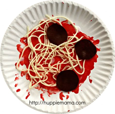 spaghetti & meatballs Cooking Around The World Preschool, Healthy Bodies Preschool Theme Dramatic Play, Paper Plate Spaghetti Craft, Food Theme Preschool Crafts, Foods And Flavors Preschool Crafts, Cooking Preschool Theme, Food Related Crafts, Food Preschool Crafts, Food And Flavors Theme Preschool Crafts