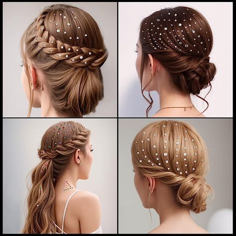 Stick On Pearls Hair, Pearl Hair Stickers, Bridal Hair With Rhinestones, Hair Stickers Hairstyles, Hairstyle With Jewels, Hair Diamonds Jewels, Hair Styles With Hair Jewelry, Hairstyle With Rhinestones, Prom Hair With Gems