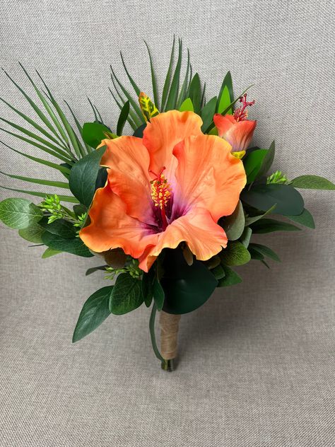 "Material: Silk and Real Touch. Hibiscus Dimension: 6.5\"W x 5\"H. Small Bridal Dimensions: 13\"W x 15.5\"H. Bridesmaid Dimensions: 11\"W x 14\"H (Smaller One). Color: Orange, Yellow, Greenery. Item Package Quantity: 1. Specific Uses For Product: Wedding Destination, Ideal for travel. Package Information: Box. Small bridesmaid bouquet in artificial large hibiscus in orange and matching bridal bouquet, the hibiscuses are large in size, the measurement of the open large hibiscus is 6.5 wide x 5 hi Hawaiian Bridesmaid Bouquet, Small Tropical Bridesmaid Bouquet, Hibiscus Bridal Bouquet, Beach Wedding Flowers Tropical Bridal Bouquets, Hibiscus Wedding Bouquet, Hawaiian Bridal Bouquet, Hawaiian Flower Bouquet, Tropical Bridesmaid Bouquet, Tropical Corsage