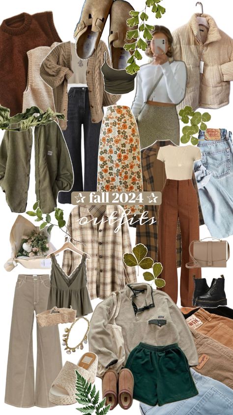 Clothes with brown, green, tan, white, and black colors Granola Mom, Georgia Style, Boho Hippie Fashion, Green Inspo, Collage Outfits, Closet Renovation, Nyc Style, Hippie Fashion, Stylish Mom