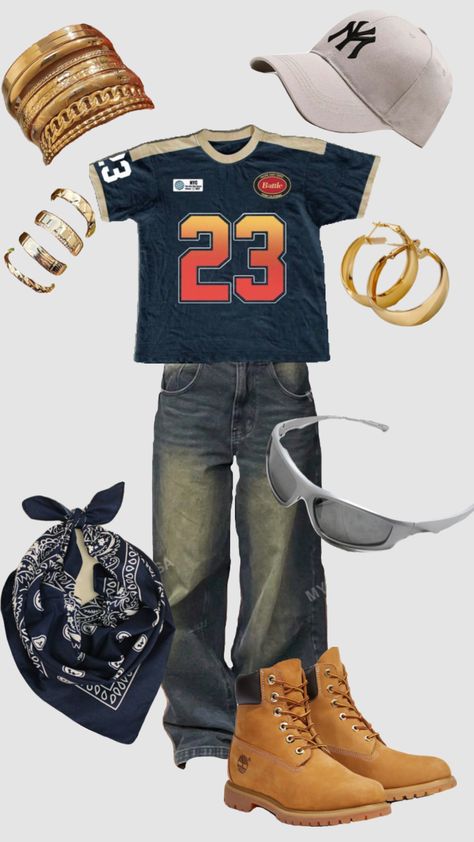 #y2k #90s #baggy #jeans #jersey #23 #nyc #newyork #timberlandboots #bandana #navy #black #gold #jewellery #sunglasses #silver 90s Baggy Style, Bandana Outfit, Y2k Nostalgia, Y2k Baggy Jeans, Sunglasses Silver, 90s Baggy, Outfit 90s, Baggy Style, Jersey Outfit