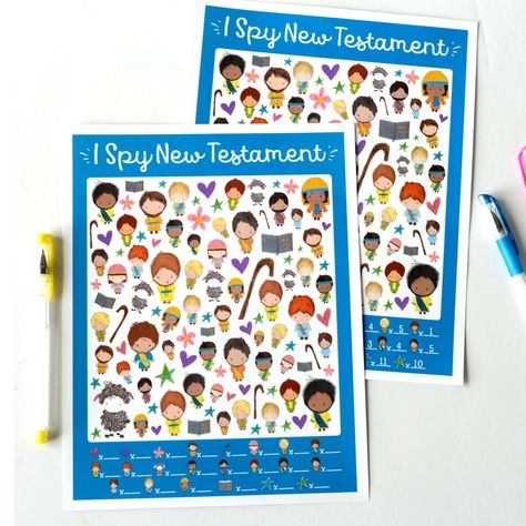 Use this free I Spy New Testament printable game for church, family night, Activity days, scouts, primary, Sunday School, or church bags.  The Bible game for kids is a great way to have fun and inspire kids as they learn about the apostles and New Testament. #LDS #freeprintable  teepeegirl.com Ministering Printables, I Spy Printable, New Testament Bible, Printable Games For Kids, I Spy Games, The Apostles, Bible Games, The New Testament, Church Activities