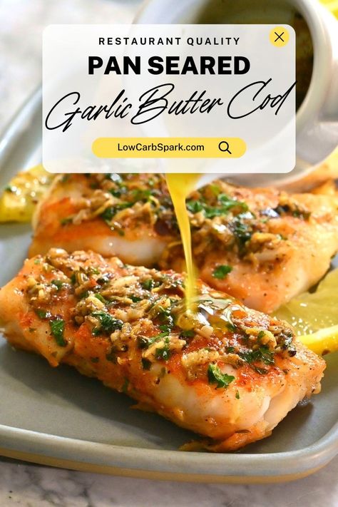 Learn how to make this incredible Lemon Butter Pan Seared Cod recipe! Tender, flaky cod fillets are pan-seared and covered in a rich garlic butter sauce. This 20-minute cod recipe is perfect for any night of the week. Lemon Butter Cod, Cod Loin Recipes, Pan Seared Fish, Pan Seared Cod, Baked Cod Fillets, How To Cook Cod, Cod Fillet Recipes, Seared Cod, Baked Cod Recipes