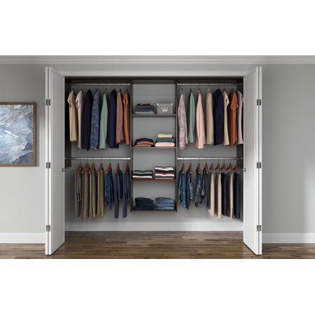 Organize your closet effortlessly with the Easy Track Deluxe Starter Closet Organizer. This starter closet storage organizer with shelves is easy to install in your closet and doesn't require you to remove or cut baseboards. With all required installation hardware included, simply hang the closest system on the supplied wall-mounted steel rails and you're ready to go. This closest shelving unit organizer comes with everything you need to declutter your bedroom. With 3 shelves and 5 rods for hang Small Walkin Closet, Easy Track Closet, Wire Closet Systems, Organize Your Closet, Free Standing Closet, Wooden Closet, Tidy Room, Simple Closet, Closet Organizing Systems