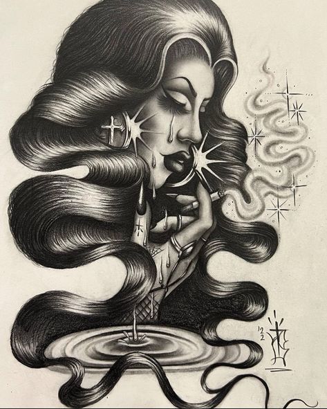 Black and white, Chicano art, sad girl, lowriders Chicana Art, Art Tattoo Ideas, Chicanas Tattoo, Traditional Tattoo Designs, Mexican Art Tattoos, Estilo Cholo, Chicana Style, Mexican Culture Art, Cholo Art