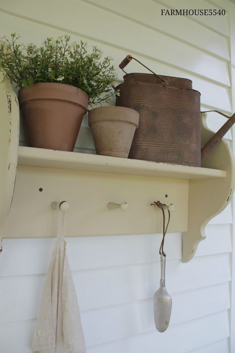 FARMHOUSE 5540: FARMHOUSE FRIDAY - OUR FARMHOUSE PORCH Porch Shelves, Shelf Corbels, Potting Room, Farm Goals, Farmhouse 5540, Shelf Diy, Greenhouse Interiors, Farmhouse Landscaping, Inside Decor