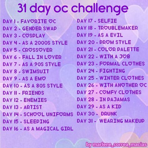 Oc Drawing Prompts, Day Oc Challenge, 30 Day Art Challenge, 30 Day Drawing Challenge, Draw Your Oc, Prompt List, Art Style Challenge, Oc Challenge, Drawing Ideas List