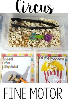 Carnival Theme Sensory Bin, Carnival Fine Motor Activities, Circus Sensory For Toddlers, Circus Sensory Activities, Circus Fine Motor Activities, Carnival Sensory Bin, Popcorn Sensory Bin, Circus Sensory Bin, Circus Sensory