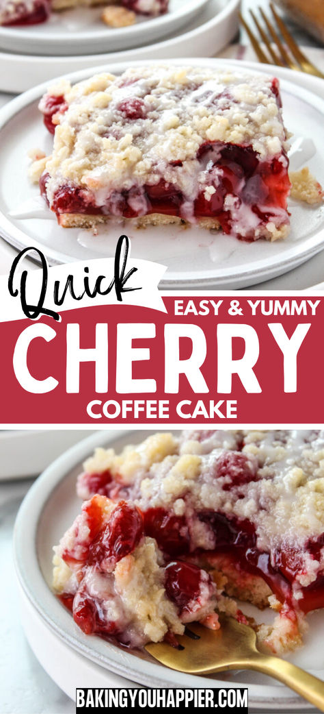 Quick Cherry Coffee Cake, this easy to make coffee cake recipe has been passed down through generations. Your family will love it, too! Amish Cherry Pie Coffee Cake, Coffee Cake With Fruit Filling, Cherry Breakfast Cake, Best Breakfast Coffee Cakes, Easy 8x8 Desserts, Cherry Coffee Cake Recipes Pie Fillings, Easy Cherry Coffee Cake Recipes, Upside Down Cherry Cake, Coffee Cake Made With Box Cake