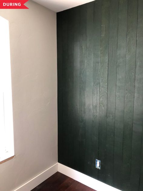 Painted Rough Wood Walls, Black Stained Wood Wall, Dark Green Wood Paneling, Dark Green Stained Wood, Stain Wood Paneling Walls, Green Wood Panel Wall, Staining Wood Paneling Walls, Stained Wood Paneling Walls, Wood Panel Walls Update