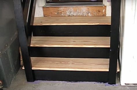 Garage Steps, Small Garden Table, Garage Stairs, Black Railing, Garage Entryway, Pergo Laminate, Garage Update, Diy Scrapbook Paper, Power Sander