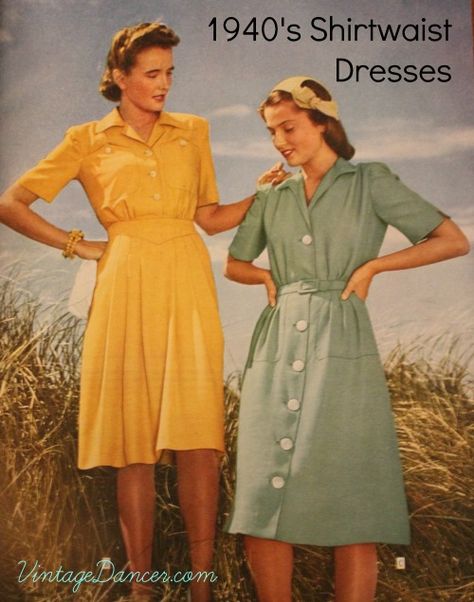 Discover why the 1940s shirtwaist dress or shirt dress was the most popular style of day dresses. Easy to put on, casual, and with many charming details. 40s Fashion, Wwii Fashion, Fashion 1940s, Shirt Dress Pattern, Dress History, Shirtwaist Dress, 1940s Dresses, Vintage Mode, Moda Vintage