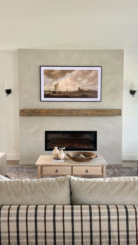 Beside Fireplace Wall Decor, Electric Fireplace Hallway, Limewash Fireplace Mantle, Large Wall With Fireplace, Tv Build Out With Fireplace, Bedroom Fireplace With Tv, Drywalled Fireplace Ideas, Fireplace Tv Wall Brick, Modern Organic Tv Wall