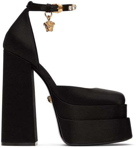 Black Aevitas Platform Heels by Versace on Sale Satin Platform Heels, Versace Pumps, Versace Heels, Black Medusa, Versace Sandals, Black Lace Heels, Shoes Heels Classy, Versace Gold, Yellow Heels