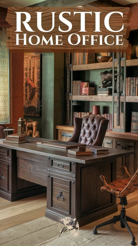 Rustic home offices thrive on blending natural elements like wood and metal with an industrial edge. A rustic home office desk paired with industrial small office design creates the perfect man cave work environment. Add vintage decor and charm for a truly unique space. #rusticmensoffice #officeforhimideas #woodfurniturediy #industrialofficehome #woodandblackinteriordesign #woodstoneinteriordesign #rusticelegancedecor #officerusticdesign Home Office Rustic Desk, Industrial Small Office, Modern Rustic Office Target, Home Office For Men Rustic, Rustic Office Chair, Rustic Elegance Decor, Rustic Executive Desk, Bohemian Home Office, Rustic Home Office