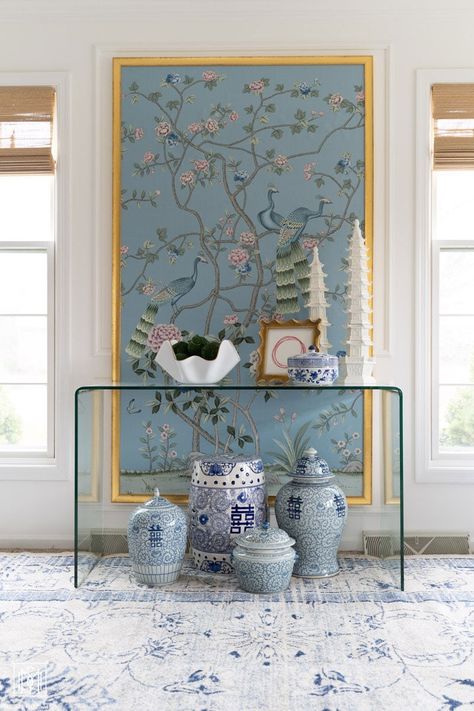 Wallpaper Panels Lounge, Wallpaper On Panel, Wallpaper As Art Wall Decor, Italy Inspired Wallpaper, Diy Wallpaper Panels, Charleston Decor Interior Design, Chinoiserie Decorating Bedroom, Framing Wallpaper As Art, Diy Chinoiserie Panels