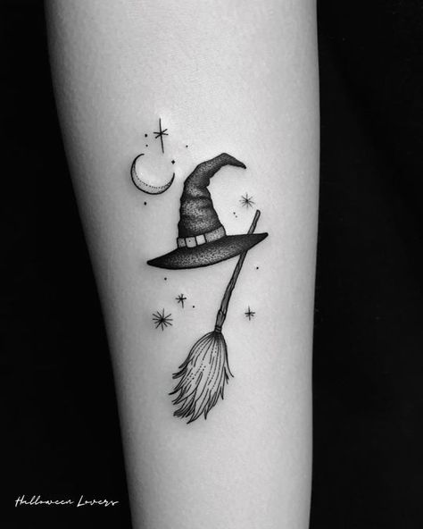 Small Broomstick Tattoo, Witch Hat Tattoo Ideas, Witches Hat Tattoo, Witch Broom Tattoo, Dark Witch Tattoo, Broomstick Tattoo, Witch Hat Tattoo, Broom Tattoo, My Little Pony Tattoo