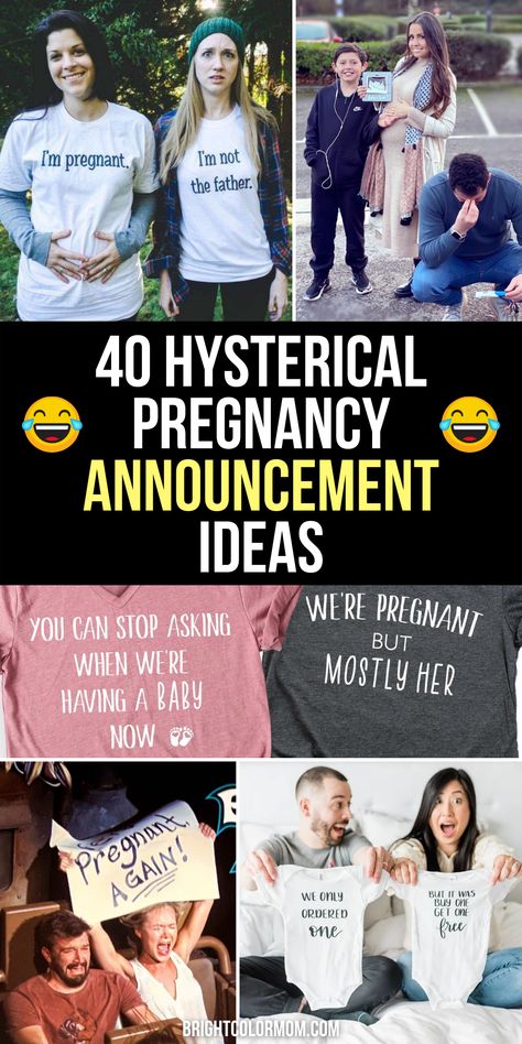 various funny pregnancy announcement photos with text reading "40 hysterical pregnancy announcement ideas" with cry-laughing emojis How To Tell Your Brother Your Pregnant, Third Baby Announcement To Husband, Ideas To Tell Your Parents Your Pregnant, How To Tell Coworkers Your Pregnant, Baby 4 Announcement Ideas, Funny Baby Announcement To Parents, Family Pregnancy Announcement Ideas, Unique Ways To Tell Family Your Pregnant, Funny Ways To Tell Husband Your Pregnant