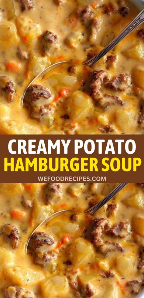 Delicious Creamy Potato and Hamburger Soup - A cozy soup with tender potatoes, savory hamburger, and creamy goodness, a perfect comfort food. #SoupRecipes #Soup #patato #hamburger #recipe #Recipes Crock Pot Creamy Potato And Hamburger Soup, Crockpot Creamy Potato Hamburger Soup, Crockpot Potato Hamburger Soup, Crockpot Soup With Potatoes, Potato Hamburger Soup Crockpot, Crockpot Creamy Potato And Hamburger Soup, Crockpot Hamburger Potato Casserole, Crockpot Creamy Potato & Hamburger Soup, Crockpot Hamburger Meat Recipes