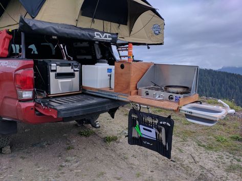 Project DIY: Truck-bed Pullout Kitchen (and BS) | Page 8 | Tacoma World Truck Bed Camp Kitchen, 4wd Camping Setup, Truck Camping Setup, Overland Kitchen, Ute Camping, Truck Bed Drawers, Truck Kitchen, Diy Truck Bedding, Bil Camping