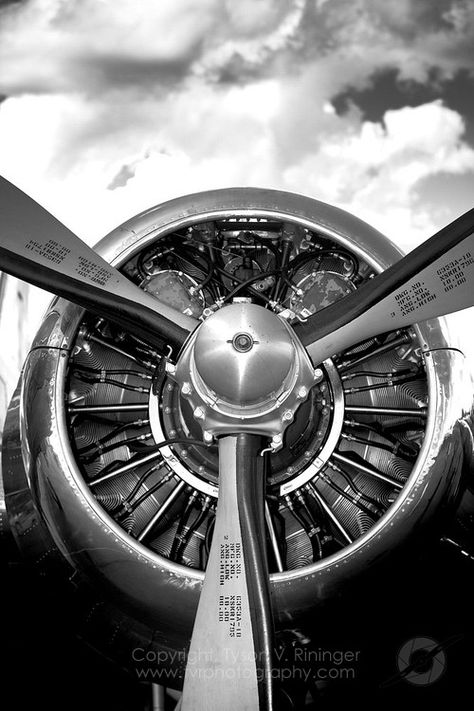 B&W Photograph of a DC-3 Radial Engine. Radial Engine, Black And White, White, Black