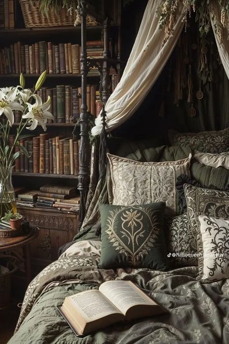 Moody Whimsical Bedroom, Dark Rustic Aesthetic, Book Bedroom Aesthetic Cozy, Rustic Moody Bedroom, Dark Cozy Bedroom Ideas Romantic, Slytherin Bedroom, Moody Romantic Bedroom, Dark Cozy Bedroom, Romantic Bedroom Design