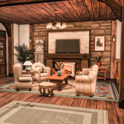 Check out the video tour in my YouTube channel 🤗 Sims 4 Cottagecore Living Room, Sims 4 Rustic Living Room, Cottage House Bloxburg Interior, Sims 4 Living Room Ideas Cottage, Sims 4 Farm Interior, Cottage Core Bloxburg Living Room, Sims Farmhouse Interior, Cottagecore Bloxburg Interior, Bloxburg Cottage Living Room