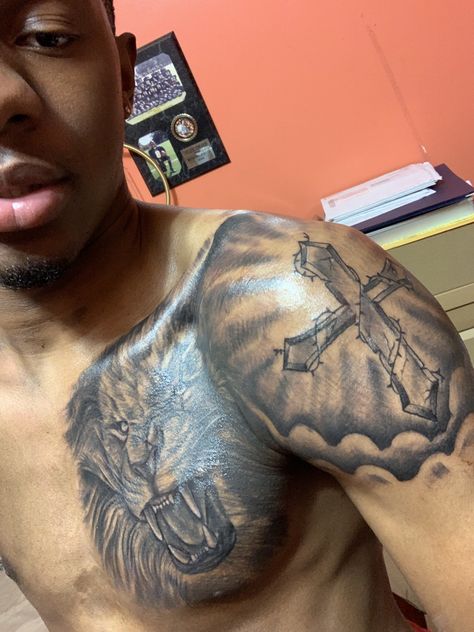 Cross On Shoulder Tattoo For Men, Christian Chest Tattoos For Men, Cross On Shoulder Tattoo, Shoulder Tattoo Designs Men, Pec Tattoo Men Ideas, Cross Tattoos For Men Shoulder, Chest To Arm Tattoo Men, Shoulder Cross Tattoo Men, Christian Tattoos For Men Chest