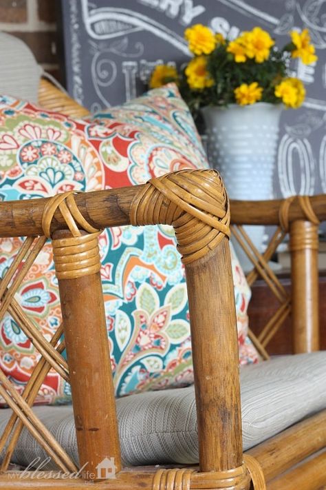 Bamboo Chair Makeover, Bamboo Furniture Makeover, Bamboo Headboard, Red Velvet Chair, Embellished Furniture, Bamboo Chairs, Porch Chairs, Green Interior Design, Painted Bamboo