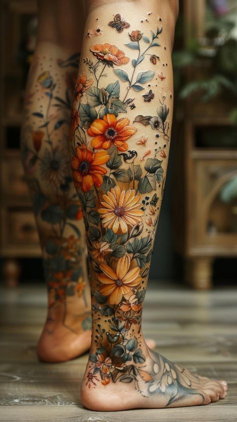 Full Leg Floral Tattoos Women, Nature Body Art, Tattoo Back Leg Woman, Tattoo Leg Flower, Floral Tattoo Design Sleeve Color, Woman Nature Tattoo, Flower And Animal Tattoo Sleeve, Tree Leg Tattoo For Women, Tattoed Legs Woman