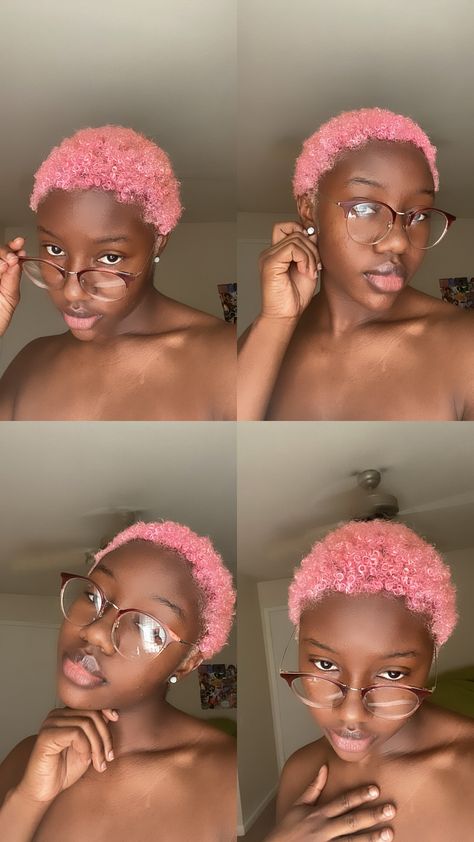 Dyed Buzzed Hair Black Women, Twa Makeup Look, Light Pink Short Hair Black Women, Short Pink Curly Hair Black Women, Big Chop Colored Hair, Dye Short Hair Black Women, Pink Dyed Hair Black Women, Short Pink Hair Black Women, Colored Short Hair Black Women