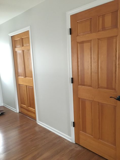 White Trim With Painted Doors, White Walls Stained Doors, Wood Door With Painted Trim, White Trim With Colored Doors, Two Tone Trim Interior, White Trim With Wood Floors, Oak Door White Trim, White Trim With Oak Doors, White Door With Wood Trim