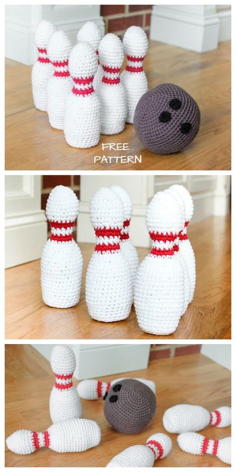 Crochet Ideas For Classroom, Crochet Furret Pokemon, Amigurumi Book Pattern, Crochet Game Patterns, Crochet Bowling Set Pattern Free, Kids Toys Crochet, Crochet Amigurumi Toys Free Patterns, Round Amigurumi Free Pattern, Crocheted Household Items