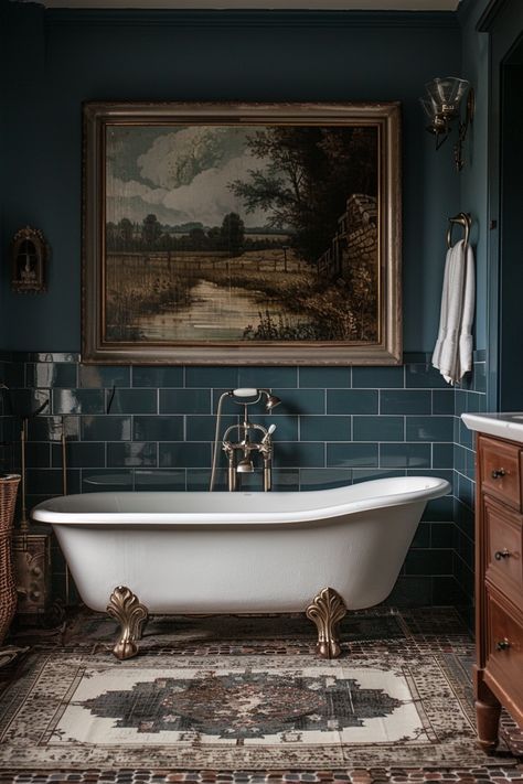 Moody Vintage Bathroom, Bathroom Dark Blue, Moody Bathroom Decor, Inn Design, House Manifestation, Parisian Bathroom, Dark Blue Bathrooms, Moody Bathroom, Bathroom 2024