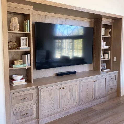 Large Living Room Built Ins, White Oak Built In Tv Cabinet, Maple Built Ins, Stained Wood Built Ins Living Room, Tv Wall With Cabinets And Shelves, Built In Tv Stand Living Room, Wood Stain Built In, White Oak Entertainment Center, Cabinets Around Tv