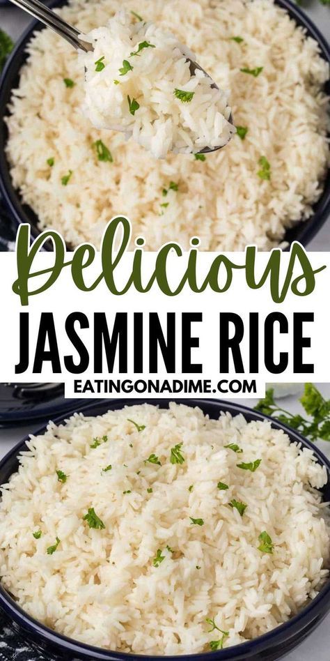 If you love serving rice with your main dish recipes, then you need to make this easy Jasmine Rice Recipe. Simple steps makes this rice easy to prepare. Rice is a staple side dish that I make with grilled, baked, or stovetop recipes. It is budget friendly and easy to make. You can season it in a variety of ways and every one loves it. #eatingonadime #jasminerice #easyrecipe Steamed Jasmine Rice, Good White Rice Recipes, One Minute Rice Recipes, Jasmine Rice Recipes Side Dishes Easy, Perfect Jasmine Rice Stovetop, How To Cook Jasmine Rice On The Stove, Balsamic Rice Recipes, Healthy Jasmine Rice Recipes, Seasoned Jasmine Rice