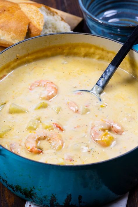 Creamy Potato Soup with Shrimp Shrimp Soup Recipes, Soup With Shrimp, Shrimp Stew, Spicy Southern Kitchen, Best Potato Soup, Creamy Soup Recipes, Cream Of Potato Soup, Potato Chowder, Comfort Soup Recipes