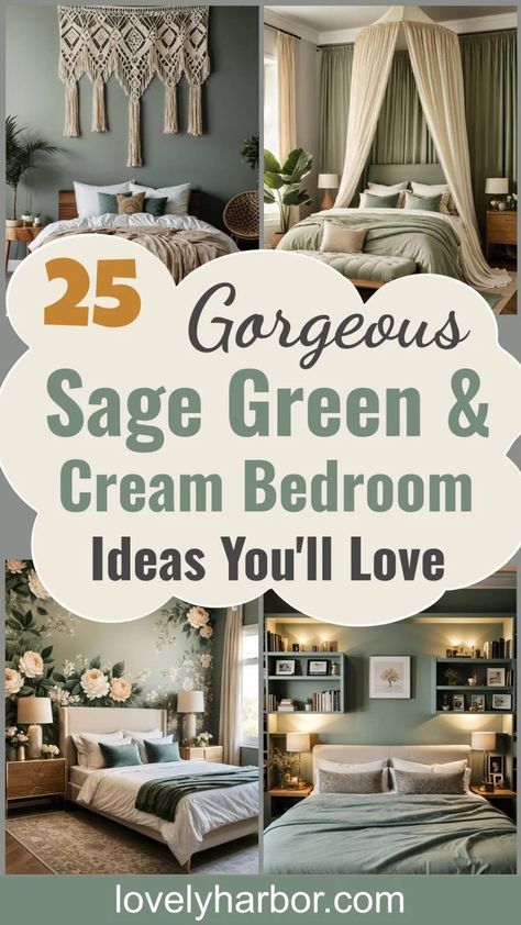 25 Gorgeous Sage Green & Cream Bedroom Ideas You'll Love 2 Green And Cream Bedroom Ideas, Calm Green Bedroom, Green Cream Bedroom, Sage Green And Cream Bedroom, Sage Green Dresser, Green And Cream Bedroom, Cream Bedroom Ideas, Sage Bedroom, Cream Bedroom