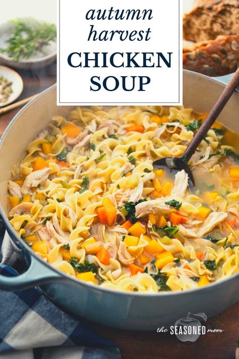 Celebrate the autumn harvest with a fall-inspired chicken noodle soup! This easy pot includes butternut squash, herbs, and fresh greens for a cozy, seasonal supper in less than 1 hour. Chicken Veggie Soup, Butternut Soup, Homemade Egg Noodles, Chicken Noodle Soup Easy, Chicken And Butternut Squash, Butternut Squash Recipes Soup, Roasted Butternut Squash Soup, Butternut Squash Recipes, Fall Soups