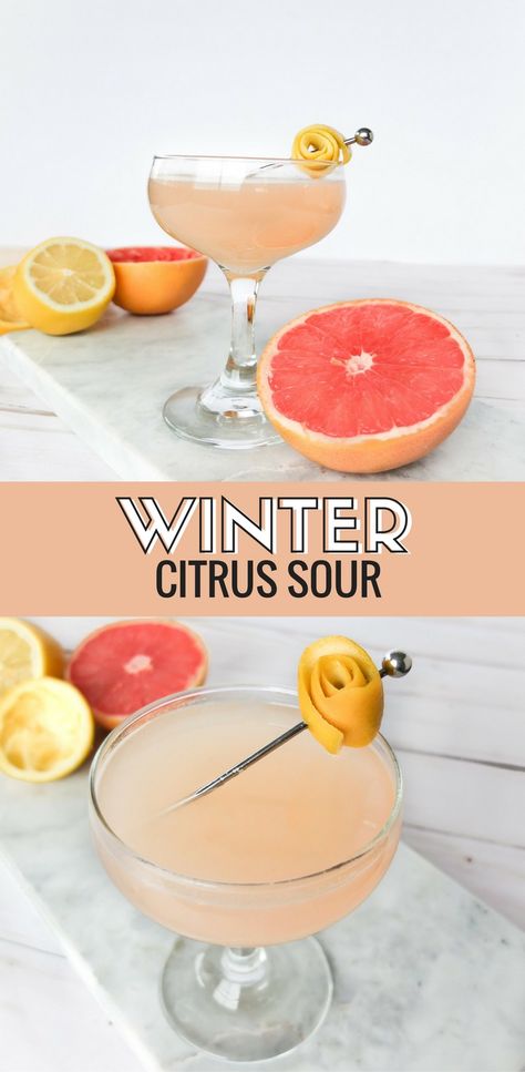 A Winter Citrus Sour cocktail. This bright and delicious winter cocktail using grapefruit and lemon to make a winter gin sour cocktail. This cocktail recipe uses winter citruses to make a sour gin cocktail. Perfect for winter sipping and works well in the summer for a light and refreshing drink. Served in a coupe glass. Grapefruit Cocktail, Gin Sour, Winter Cocktail, Citrus Cocktails, Coctails Recipes, Sour Beer, Seasonal Cocktail, Gin Cocktail, Sour Cocktail