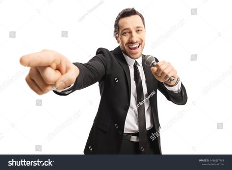 Cheerful man in a suit pointing towards the camera and holding a microphone isolated on white backround #Ad , #ad, #pointing#camera#suit#Cheerful Man Pointing At Camera, Person Pointing At Camera, Pointing At Camera Reference, Man Holding Microphone, Man With Microphone, Holding Microphone Reference, Person Holding Camera, White Backround, Dj Photos