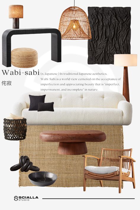 Wabi-sabi interior moodboard by Scialla Studio Style Board Interior Design, Wabi Sabi Mood Board Interior Design, Minimalist Mood Board Interior Design, Wasabi Interior Design, Wabi Sabi Office Design, Interior Mood Board Ideas, Wabi Sabi Living Room Interior Design, Wabi Sabi Moodboard, Wabi Sabi Mood Board