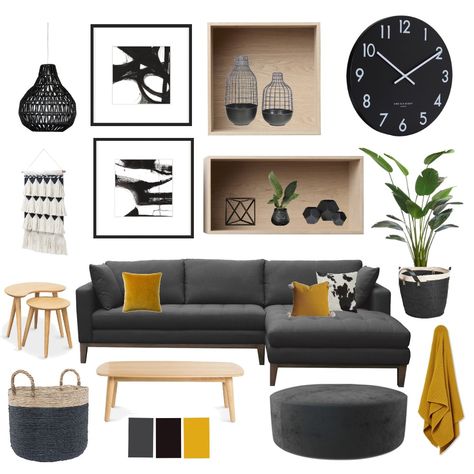 Monochrome and Mustard Black White Mustard Living Room, Living Room Monochrome, Dark Grey And Mustard Living Room, Black And Mustard Living Room, Black Wall Yellow Couch, Mustard Cushions Grey Sofa, Mustard Corner Sofa, Dark Couch, Mustard Living Rooms