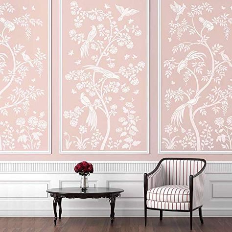 Amazon.com: Birds and Roses Chinoiserie Wall Mural Stencil - DIY Asian Garden Decor - Reusable stencils for Home Makeovers (Large): Home & Kitchen Chinoiserie Stencil, Chinoiserie Mural, Mural Stencil, Large Wall Stencil, Wallpaper Stencil, Chinoiserie Wall, Stencil Painting On Walls, Deco Rose, Asian Homes