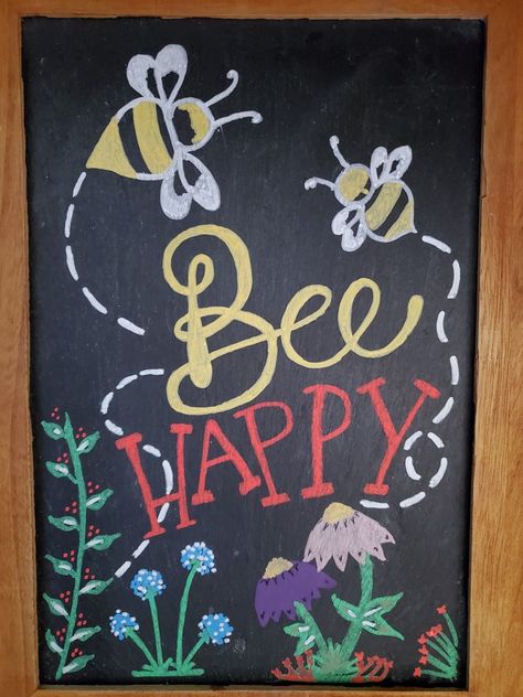 Bee Happy Summer Chalkboard Art May Chalkboard Art Ideas, Summer Whiteboard Ideas, April Chalkboard Ideas, Cute Summer Chalkboard Ideas, Summer Coffee Chalkboard Art, Chalkboard Summer Ideas, August Chalkboard Art Ideas, Chalkboard Designs Easy, May Chalkboard Ideas