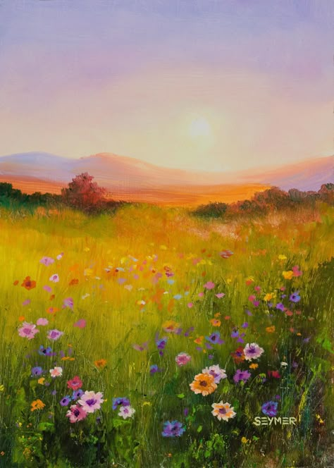 Meadow landscape painting. Framed oil painting of a field of flowers in a sunset. 🍁 DETAILS: ● This is an ORIGINAL OIL PAINTING on a wood panel. ● Title: A world of color'. ● 100 % hand painted, not a print. * If you prefer a PRINT: https://www.etsy.com/listing/1334525684 ● It is PAINTED TO ORDER in the chosen dimensions. * Your painting will be a very similar but unique recreation of the original design, the one in the pictures. ● FRAMED (3 frame colors to choose from: brown, black or white).